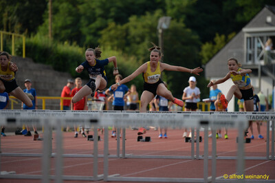 Mehrere junge Aktive überspringen im Hürdenlauf gleichzeitig die Hürden beim Walfried-Heinz-Sportfest der TG Konz im Saar-Mosel-Stadion in Konz.