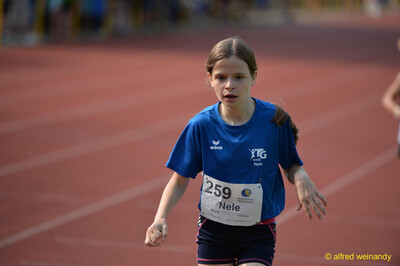 Ein Kind im Trikot der TG Konz läuft auf der Rundbahn beim Walfried-Heinz-Sportfest der TG Konz im Saar-Mosel-Stadion in Konz.