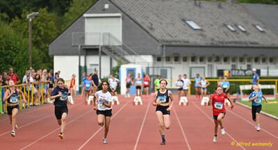 Mehrere Aktive sprinten in ihren Bahnen über die Zielgerade beim Mehrkampf der TG Konz in Konz.